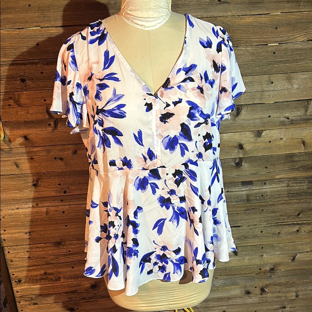 Torrid Blue and Brown Ruffled Peplum Blouse